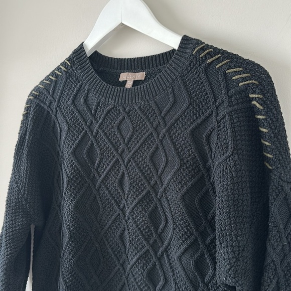 Lilla P Cable Knit Sweater Black Cotton Crew Neck Chunky Fisherman Casual - Picture 2 of 8